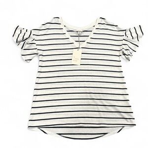 Striped Ruffle Sleeve Blouse - Black and White